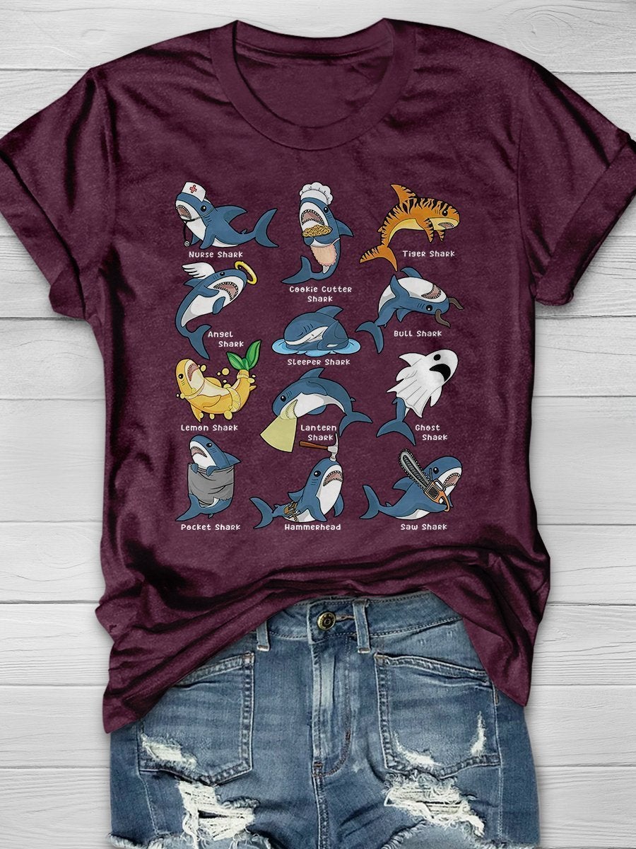 Funny Nurse Shark Print Short Sleeve T-shirt