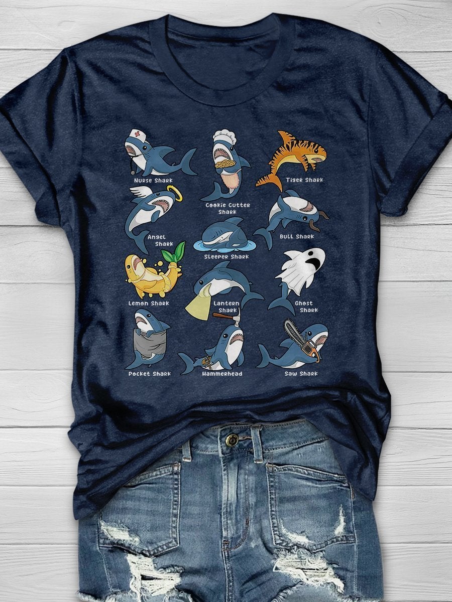 Funny Nurse Shark Print Short Sleeve T-shirt
